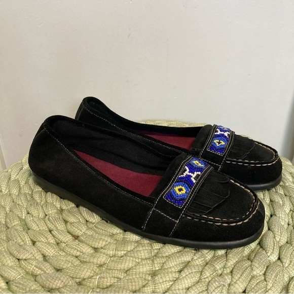Aerosoles Mandolin Black Suede Fringe Beaded Slip On Moccasin Loafers NWOB - Picture 3 of 6